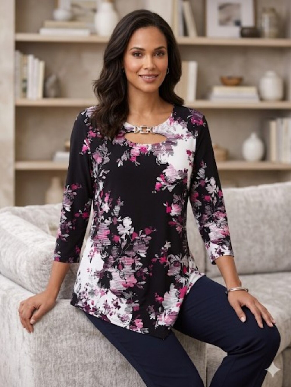 JM Collection Asymmetrical Hem Embellished Floral Tunic Silver Link Neckline